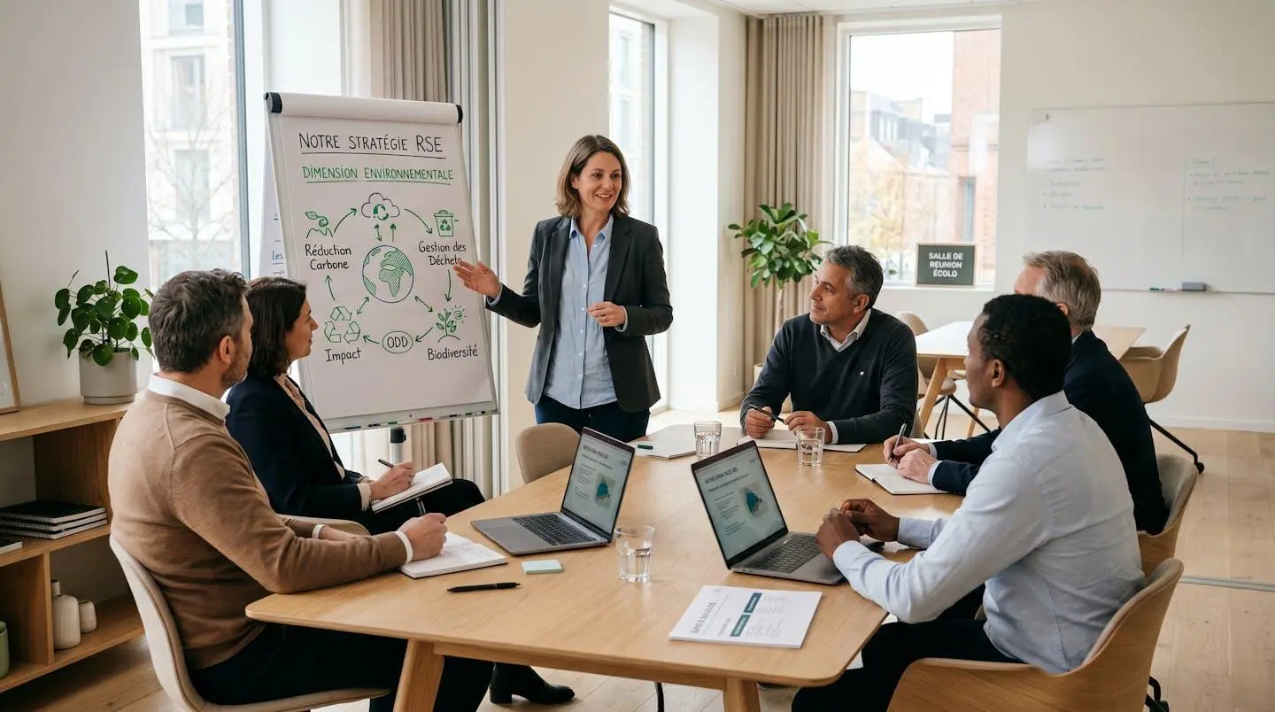 Session de formation RSE dans une salle de réunion moderne avec formateur et participants autour de tableaux environnementaux