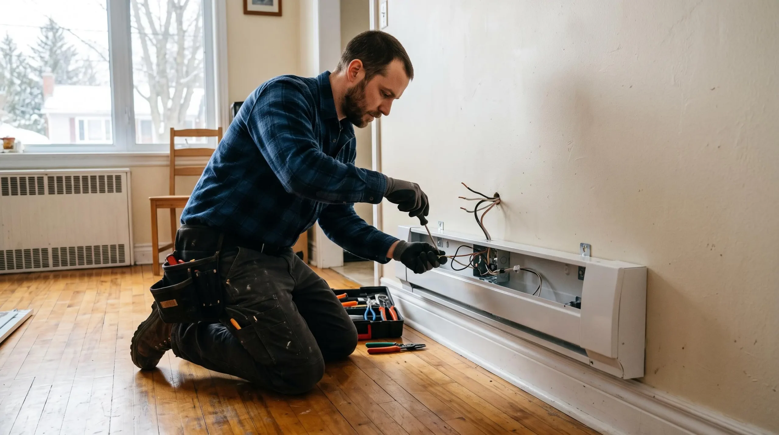 Électricien installant un radiateur électrique de plinthe le long d'un mur dans une pièce résidentielle au Québec, en train de connecter les fils électriques