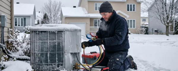 Technicien HVAC inspectant une unité extérieure de thermopompe couverte de givre lors d'une journée d'hiver à Repentigny, avec neige au sol et maison résidentielle québécoise en arrière-plan