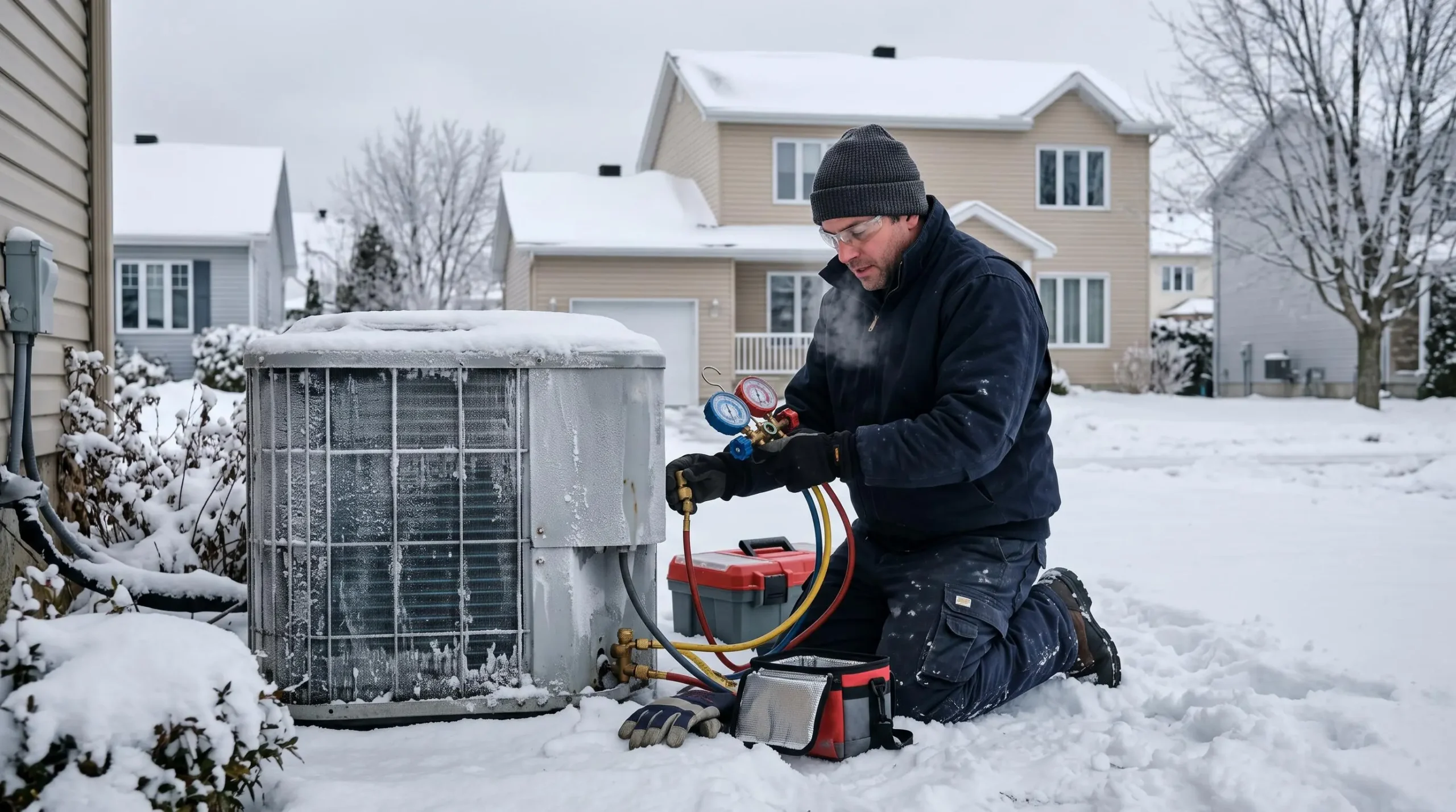 Technicien HVAC inspectant une unité extérieure de thermopompe couverte de givre lors d'une journée d'hiver à Repentigny, avec neige au sol et maison résidentielle québécoise en arrière-plan