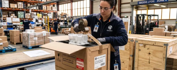 Employé logistique préparant soigneusement des produits fragiles dans une grande caisse en carton.