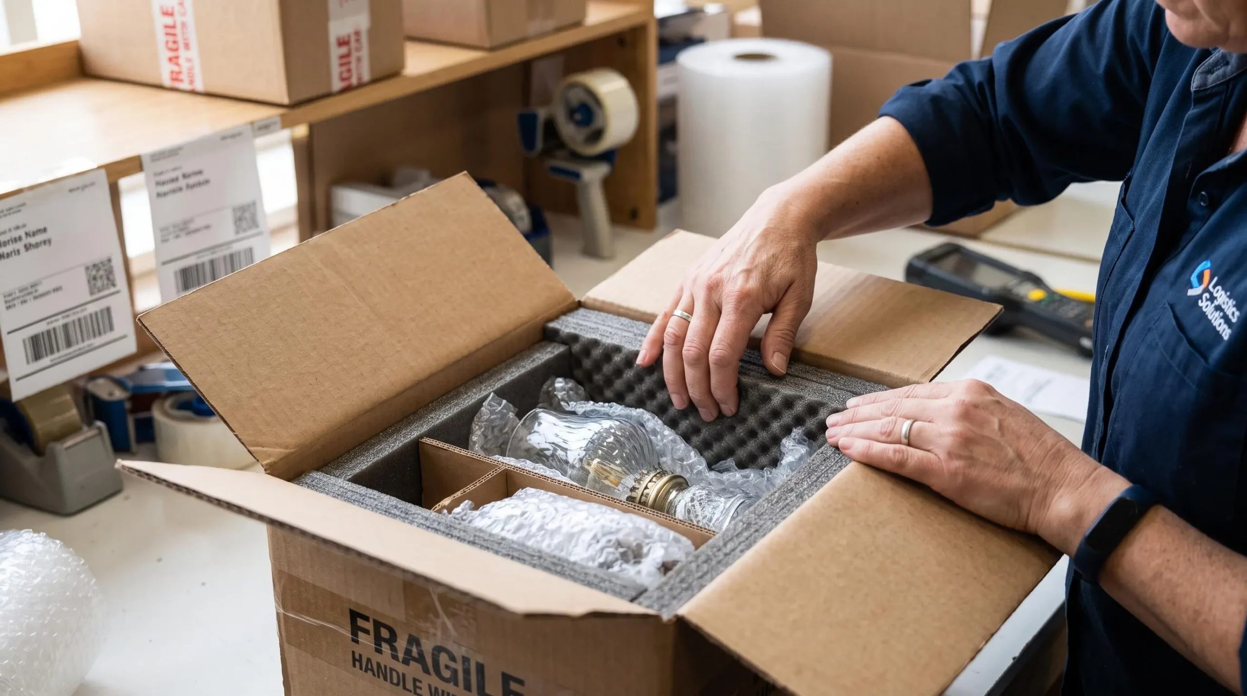Gros plan sur le renforcement d'un article fragile à l'aide de matériaux d'emballage spécifiques.